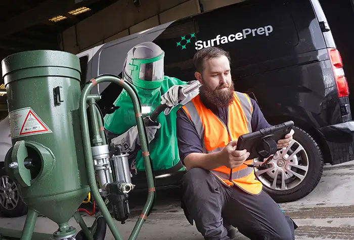 man checking blast pot in front of SurfacePrep van