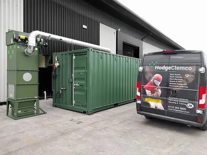 Containerised blast room Containerised blast room with abrasive recycling